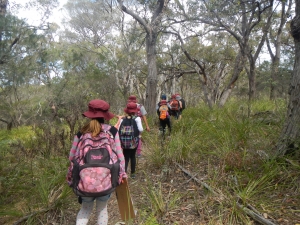 students walking through the bush